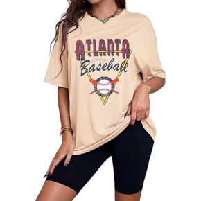 Women Vintage Tshirt Atlanta Baseball Letter Graphic Shirt Short Sleeve Oversized Loose Fit Summer Casual Tees Tops