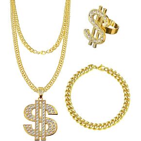 Long tiantian 90s Necklace Rings Set 80s Outfit for Women Hip Hop Party Gold 80s/ 90s Rapper Accessories Dollar Sign Necklace Rings Set