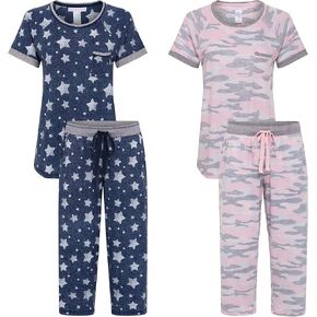 2 Pack: Pillow Talk by René Rofé Sleepwear Women's Butter Soft Lightweight Value Pack Tee and Capri Cozy Lounge Set