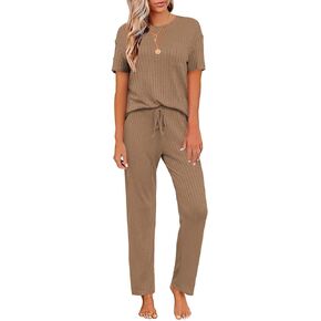 BEKOFO Women's Pajamas Ribbed Knit 2 Pieces Outfits Tshirt Pants Loungewear Outfits