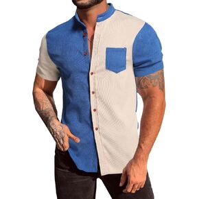 Floerns Men's Corduroy Color Block Shirt Tops Short Sleeve Button Front Shirts in Saudi Arabia