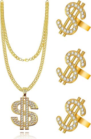 Long tiantian 90s Necklace Rings Set 80s Outfit for Women Hip Hop Party Gold 80s/ 90s Rapper Accessories Dollar Sign Necklace Rings Set in Kuwait