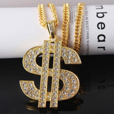 Long tiantian 90s Necklace Rings Set 80s Outfit for Women Hip Hop Party Gold 80s/ 90s Rapper Accessories Dollar Sign Necklace Rings Set in Kuwait