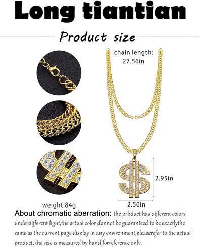 Long tiantian 90s Necklace Rings Set 80s Outfit for Women Hip Hop Party Gold 80s/ 90s Rapper Accessories Dollar Sign Necklace Rings Set in Kuwait