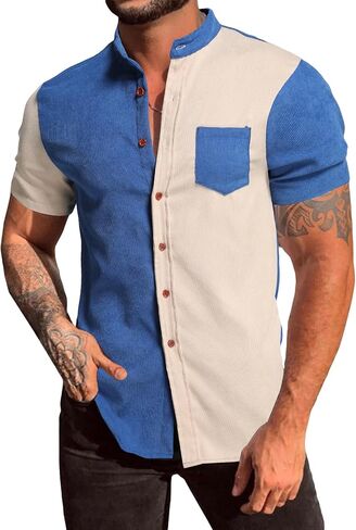 Floerns Men's Corduroy Color Block Shirt Tops Short Sleeve Button Front Shirts in Saudi Arabia