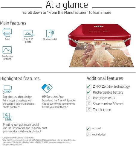 طابعة الصور الفورية HP Sprocket 3x4 - طباعة صور مقاس 3.5x4.25 بوصة لاسلكيًا على ورق Zink من أجهزة iOS وAndroid in Kuwait