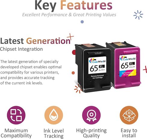 خرطوشة حبر كولور ورلد 65XL ريمان قابلة للاستبدال ل 65XL 65 XL متوافقة مع انفي 5055 5020 ديسك جيت 2622 3755 2655 3758 3720 3721 3730 3732 3752 2624 AMP 100 (1 أسود، 1 ثلاثية الألوان) in Kuwait