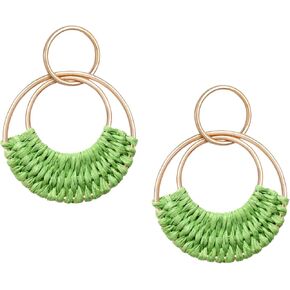 SELFWIMG Raffia Hoop Earrings for Women Girls Fun Boho Summer Beach Earrings Lightweight Handmade Straw Wicker Rattan Dangle Earrings Statement Geometric Round Drop Earrings