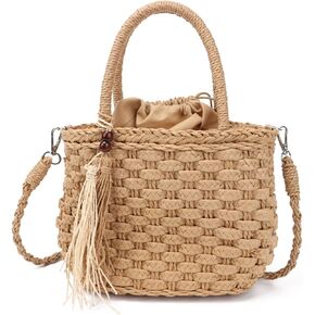 Ynport Straw Handbag Tote for Women Summer Beach Drawstring Rattan Bucket Bag Handmade Woven Hobo Shopping Purse