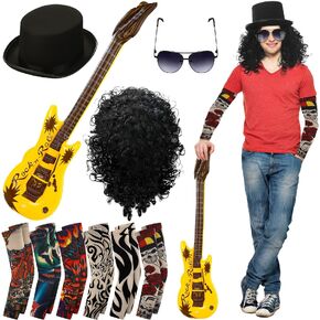 Yingzhao 10 Pcs Slash Costume 80s Rocker Costume Set for Men Black Afro Wig Black Costume Top Hat Stylish Sunglasses Heavy Inflatable Guitar Temporary Tattoo Sleeves for Halloween Cosplay in Saudi Arabia