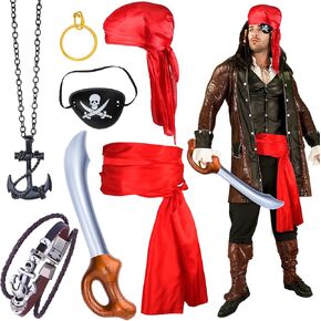 Yewong Captain Pirate Costume Accessory Set Durag Long-Tail Pirate Cap Medieval Renaissance Large Sash Pirate Role Play Dress Up Set for Halloween Party