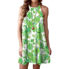 MITILLY Women's Halter Neck Boho Floral Print Loose Casual Sleeveless Short Dress