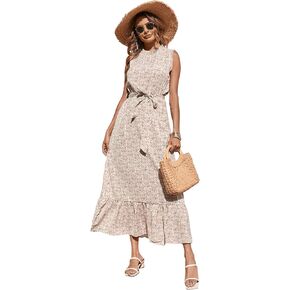 SweatyRocks Women's Floral Sleeveless Ruffle Hem A Line Midi Dress Mock Neck Belted Dresses