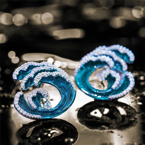TEBIHOYO Unique Enamel Cubic Zirconia Big Earrings Studs for Women Hypoallergenic Ocean Wave Art Large Studs Earrings for Girls Jewelry in Kuwait