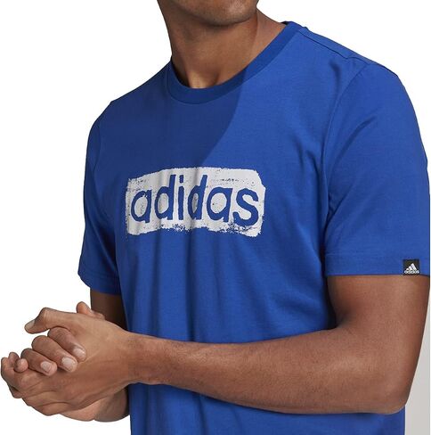 تيشيرت رجالي من adidas Essentials بشعار خطي مطرز باللون الأزرق/الأبيض (as1، Alpha، xx_l، عادي، عادي، قياسي، أزرق/أبيض) in Saudi Arabia