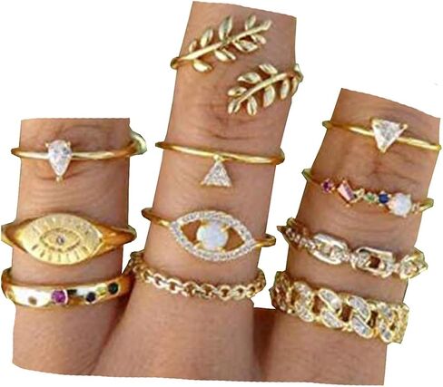 BERYUAN عصري لؤلؤة الدمعة منتصف إصبع خاتم النساء الذهب الدائري مجموعة العين المفصل الدائري هدية لها مجموعة خاتم الذهب العتيق للنساء والفتيات المراهقات (11 قطعة) in Kuwait