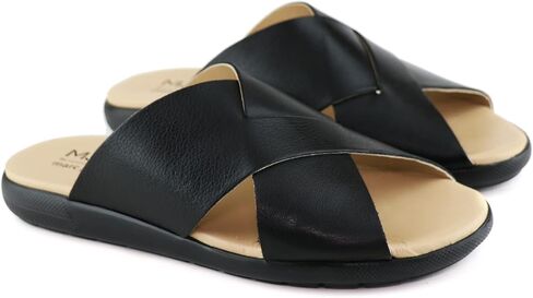 MARC JOSEPH NEW YORK Womens Casual Genuine Leather Flat Slide Mules Criss Cross Sandals Open Toe Backless Comfortable Lightweight EVA Sole Fashion Slip-on Slides in Saudi Arabia