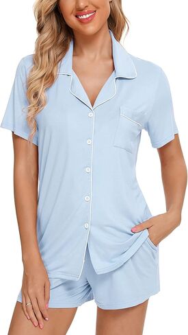 Pjmlifecoco Women Pajamas Set Soft Button Down Sleepwear Short Sleeve Pjs Set Loungewear with Pockets in Saudi Arabia