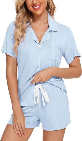 Pjmlifecoco Women Pajamas Set Soft Button Down Sleepwear Short Sleeve Pjs Set Loungewear with Pockets in Saudi Arabia