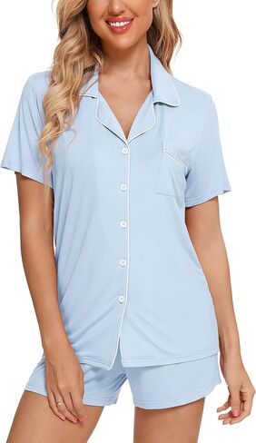 Pjmlifecoco Women Pajamas Set Soft Button Down Sleepwear Short Sleeve Pjs Set Loungewear with Pockets in Saudi Arabia