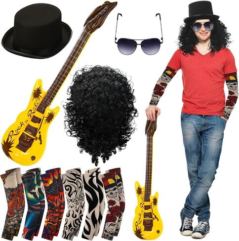 Yingzhao 10 Pcs Slash Costume 80s Rocker Costume Set for Men Black Afro Wig Black Costume Top Hat Stylish Sunglasses Heavy Inflatable Guitar Temporary Tattoo Sleeves for Halloween Cosplay in Saudi Arabia