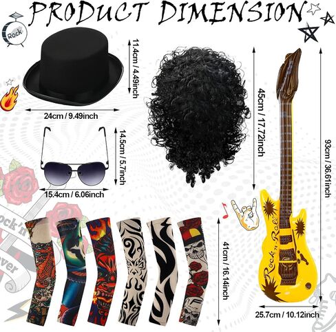 Yingzhao 10 Pcs Slash Costume 80s Rocker Costume Set for Men Black Afro Wig Black Costume Top Hat Stylish Sunglasses Heavy Inflatable Guitar Temporary Tattoo Sleeves for Halloween Cosplay in Saudi Arabia