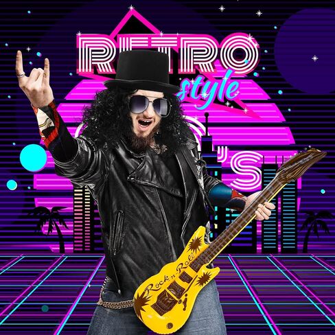 Yingzhao 10 Pcs Slash Costume 80s Rocker Costume Set for Men Black Afro Wig Black Costume Top Hat Stylish Sunglasses Heavy Inflatable Guitar Temporary Tattoo Sleeves for Halloween Cosplay in Saudi Arabia