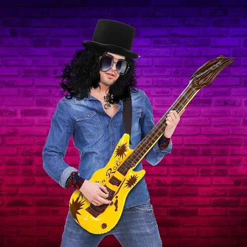 Yingzhao 10 Pcs Slash Costume 80s Rocker Costume Set for Men Black Afro Wig Black Costume Top Hat Stylish Sunglasses Heavy Inflatable Guitar Temporary Tattoo Sleeves for Halloween Cosplay in Saudi Arabia