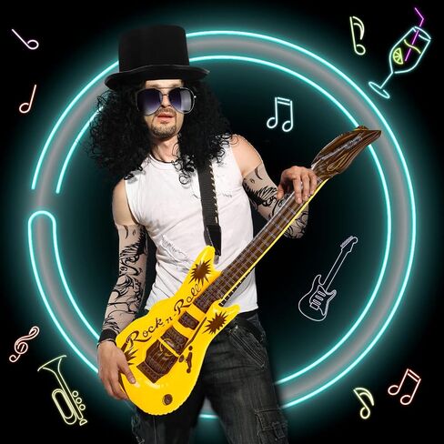 Yingzhao 10 Pcs Slash Costume 80s Rocker Costume Set for Men Black Afro Wig Black Costume Top Hat Stylish Sunglasses Heavy Inflatable Guitar Temporary Tattoo Sleeves for Halloween Cosplay in Saudi Arabia