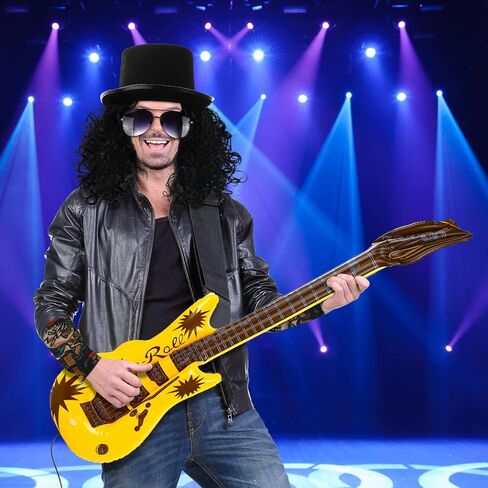 Yingzhao 10 Pcs Slash Costume 80s Rocker Costume Set for Men Black Afro Wig Black Costume Top Hat Stylish Sunglasses Heavy Inflatable Guitar Temporary Tattoo Sleeves for Halloween Cosplay in Saudi Arabia