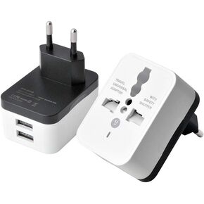 European Power Travel Plug Adapter, Spain Iceland Germany France Italy Power Travel Plug Adapter Converting from Europe to US (2 USB Ports)