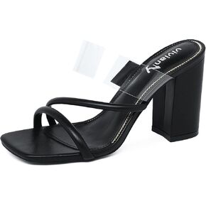 vivianly Women Chunky Heel Slide Sandals Clear Strappy Open Toe Heeled Mules in Kuwait