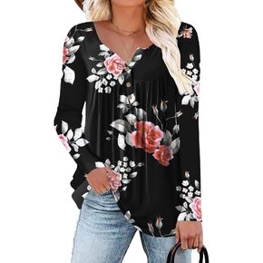 HAHIYOR Womens-Tops-Long-Sleeve Henley Shirts V Neck Blouses Buttons Up Tunics Flowy Pleated Blouses