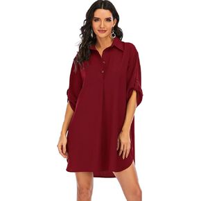 Women's Casual Half Sleeve Button Down Shirt Dress V Neck Tunic Blouses Tops with Pockets in Saudi Arabia