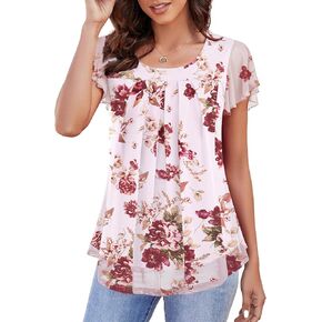 KOAIZ Womens Ruffle Short Sleeve Mesh Blouses Casual Pleated Tops Loose Flowy Tunics Summer Shirts