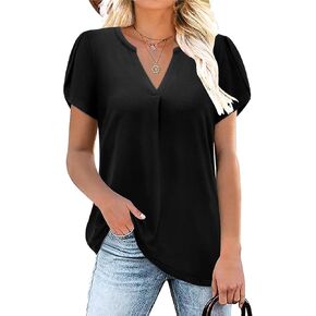تيشيرتات نسائية صيفية كاجوال بأكمام قصيرة من Bulotus، بلوزات تونيك فضفاضة بأكمام قصيرة ورقبة على شكل حرف V in Kuwait