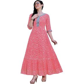 ladyline Womens Casual Rayon Printed Maxi Dress Floor Length Kurti Tiered A-Line Dress