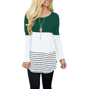 Hount Womens Back Lace Color Block Tunic Tops Long Sleeve T-shirts Blouses with Striped Hem
