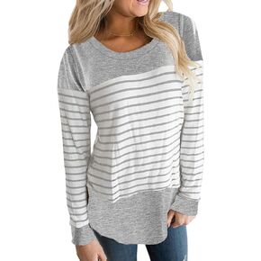 Hount Womens Back Lace Color Block Tunic Tops Long Sleeve T-shirts Blouses with Striped Hem in Saudi Arabia