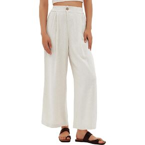 بنطلون نسائي من Beaully كاجوال عالي الخصر وواسع الساق من الكتان بأزرار لأعلى وساق مستقيمة مع جيب in Kuwait