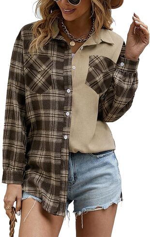 HOTOUCH Women's Long Roll Up Sleeve Cotton Flannels Plaid Shirts Classic Fit Button Down Shirt Blouses with Pockets in Kuwait