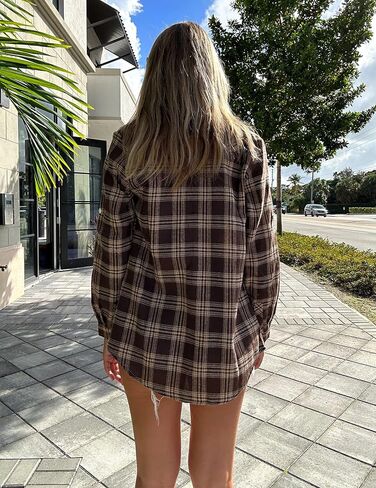 HOTOUCH Women's Long Roll Up Sleeve Cotton Flannels Plaid Shirts Classic Fit Button Down Shirt Blouses with Pockets in Kuwait