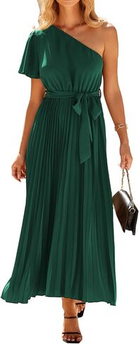 BTFBM Women's 2023 Boho Summer One Shoulder Maxi Dresses Short Sleeve Floral Solid Belted Pleated Wedding Guest Dress in Saudi Arabia