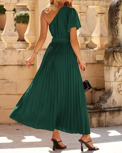 BTFBM Women's 2023 Boho Summer One Shoulder Maxi Dresses Short Sleeve Floral Solid Belted Pleated Wedding Guest Dress in Saudi Arabia