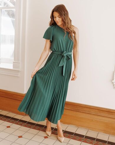 BTFBM Women's 2023 Boho Summer One Shoulder Maxi Dresses Short Sleeve Floral Solid Belted Pleated Wedding Guest Dress in Saudi Arabia