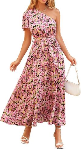 BTFBM Women's 2023 Boho Summer One Shoulder Maxi Dresses Short Sleeve Floral Solid Belted Pleated Wedding Guest Dress in Saudi Arabia