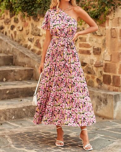 BTFBM Women's 2023 Boho Summer One Shoulder Maxi Dresses Short Sleeve Floral Solid Belted Pleated Wedding Guest Dress in Saudi Arabia