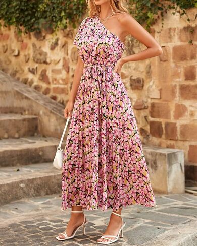 BTFBM Women's 2023 Boho Summer One Shoulder Maxi Dresses Short Sleeve Floral Solid Belted Pleated Wedding Guest Dress in Saudi Arabia