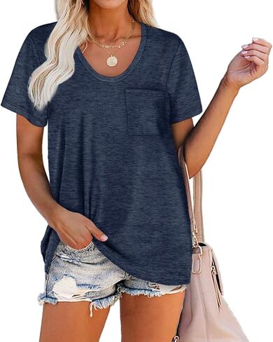 WIHOLL Women Summer T Shirts Short Sleeve Rounded V Neck Pocket Tee Tops in Saudi Arabia