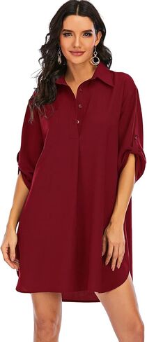 Women's Casual Half Sleeve Button Down Shirt Dress V Neck Tunic Blouses Tops with Pockets in Saudi Arabia